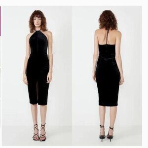 New Bardot Alisa Sleek Black Velvet Halter Cocktail Party Midi Dress Size Medium